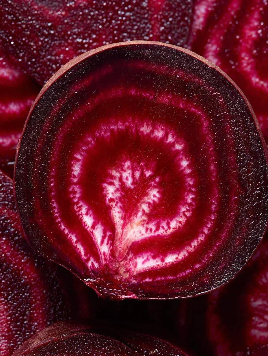 Close-up cross-section of a raw red beetroot showing natural concentric rings and texture.