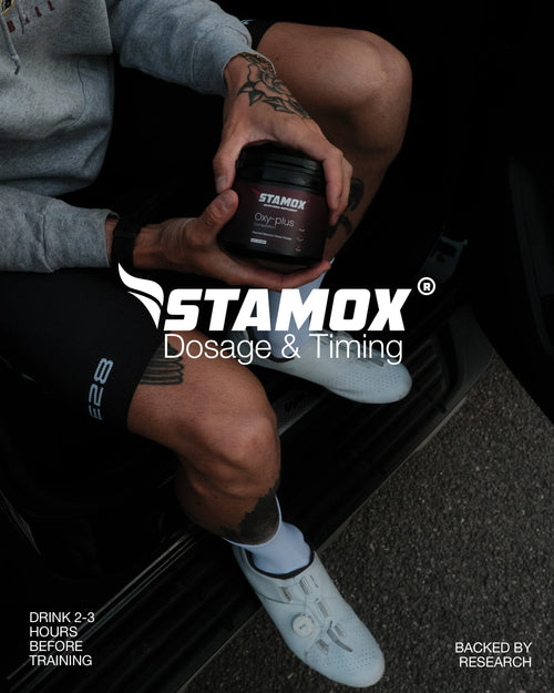 Athlete holding stamox beetroot powder supplement before workout, promoting dosage and timing.