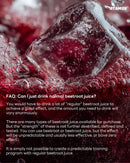 Close-up of red beetroot juice and ice, Stamox beetroot powder benefits text overlayed.