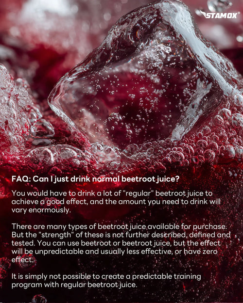 Close-up of red beetroot juice and ice, Stamox beetroot powder benefits text overlayed.