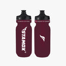 Two maroon Stamox water bottles with black lids on a white background