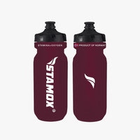Two maroon Stamox water bottles with black lids on a white background