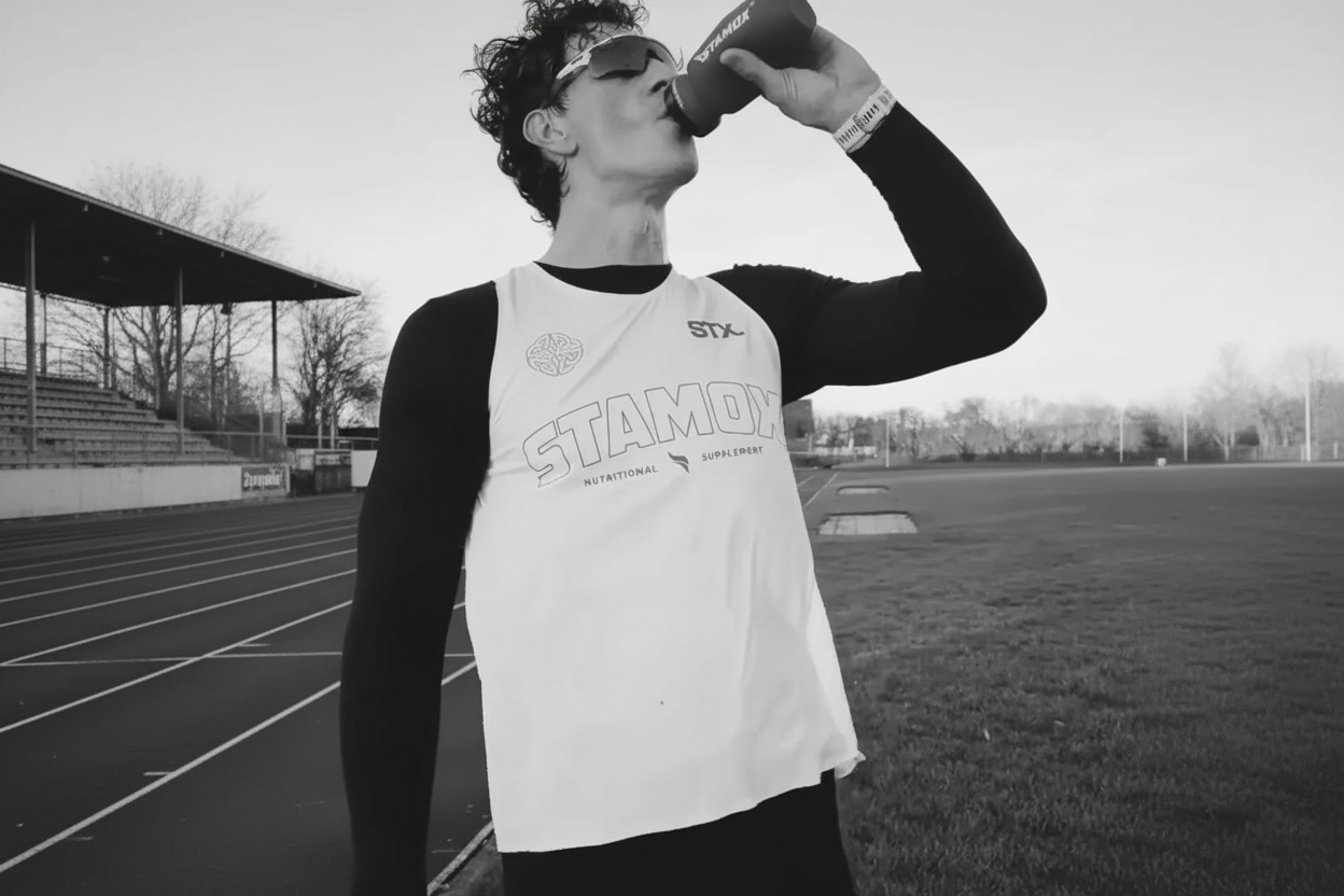 Runner on track drinking stamox beetroot powder from bottle, endurance supplement boost