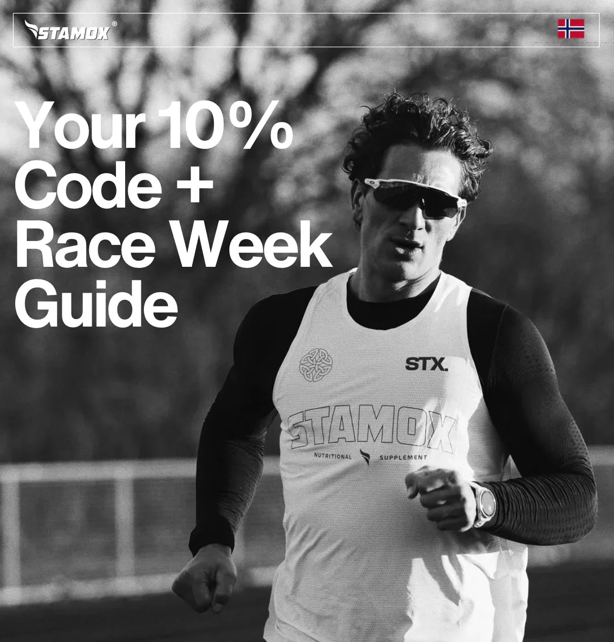 Athlete running in Stamox beetroot powder gear with 10% code + race week guide promo