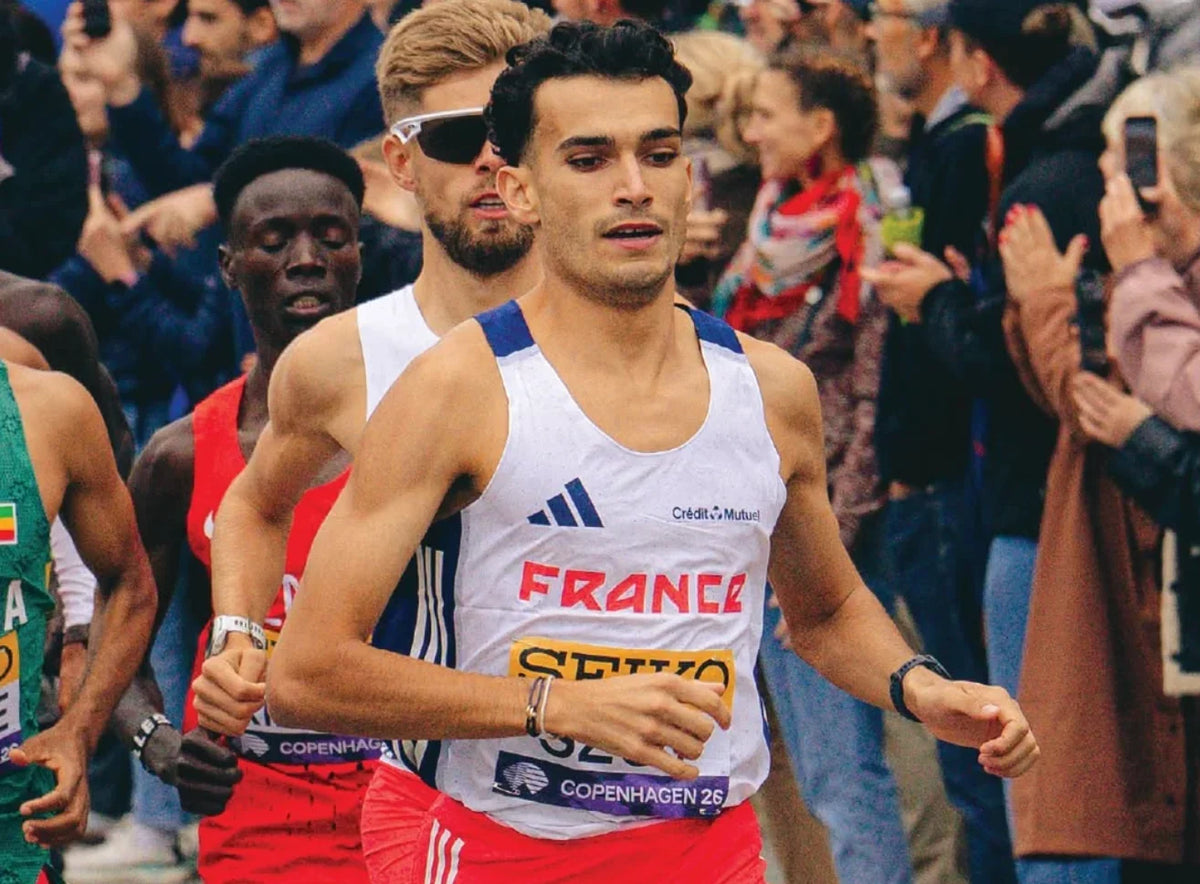 French athlete racing in Copenhagen, optimizing VO2 max with stamox beetroot sport nutrition.
