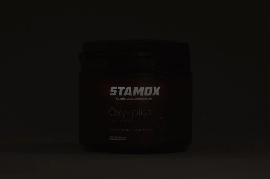 Stamox beetroot powder in a dark jar, labeled Oxy-plus for endurance and recovery