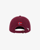 Maroon cap with Norwegian flag patch and white logo, adjustable strap back