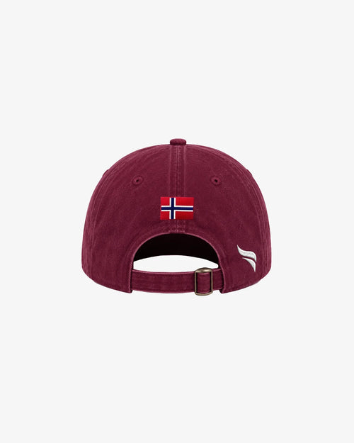 Maroon cap with Norwegian flag patch and white logo, adjustable strap back