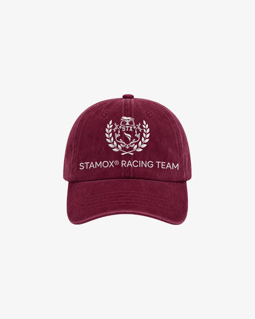 Maroon Stamox Racing Team cap with embroidered STX laurel logo, paired with Stamox beetroot powder for performance.