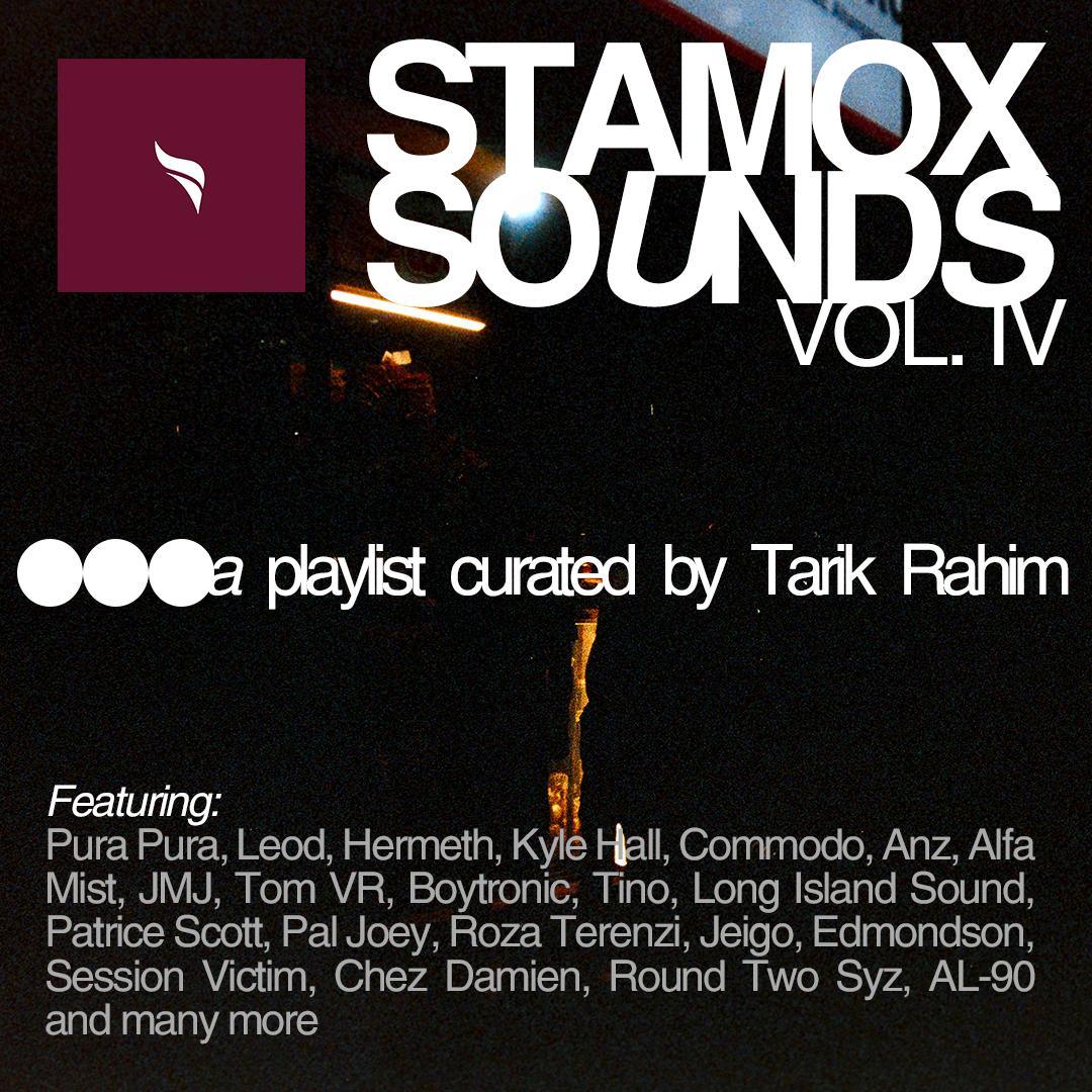 Stamox beetroot powder promo graphic with Stamox Sounds Vol. IV text, playlist and artist names.