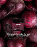 Stamox beetroot powder jar on fresh beetroots background with athlete testimonial