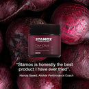 Stamox beetroot powder supplement jar with fresh beetroots and testimonial quote