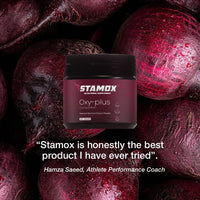 Stamox beetroot powder supplement jar with fresh beetroots and testimonial quote