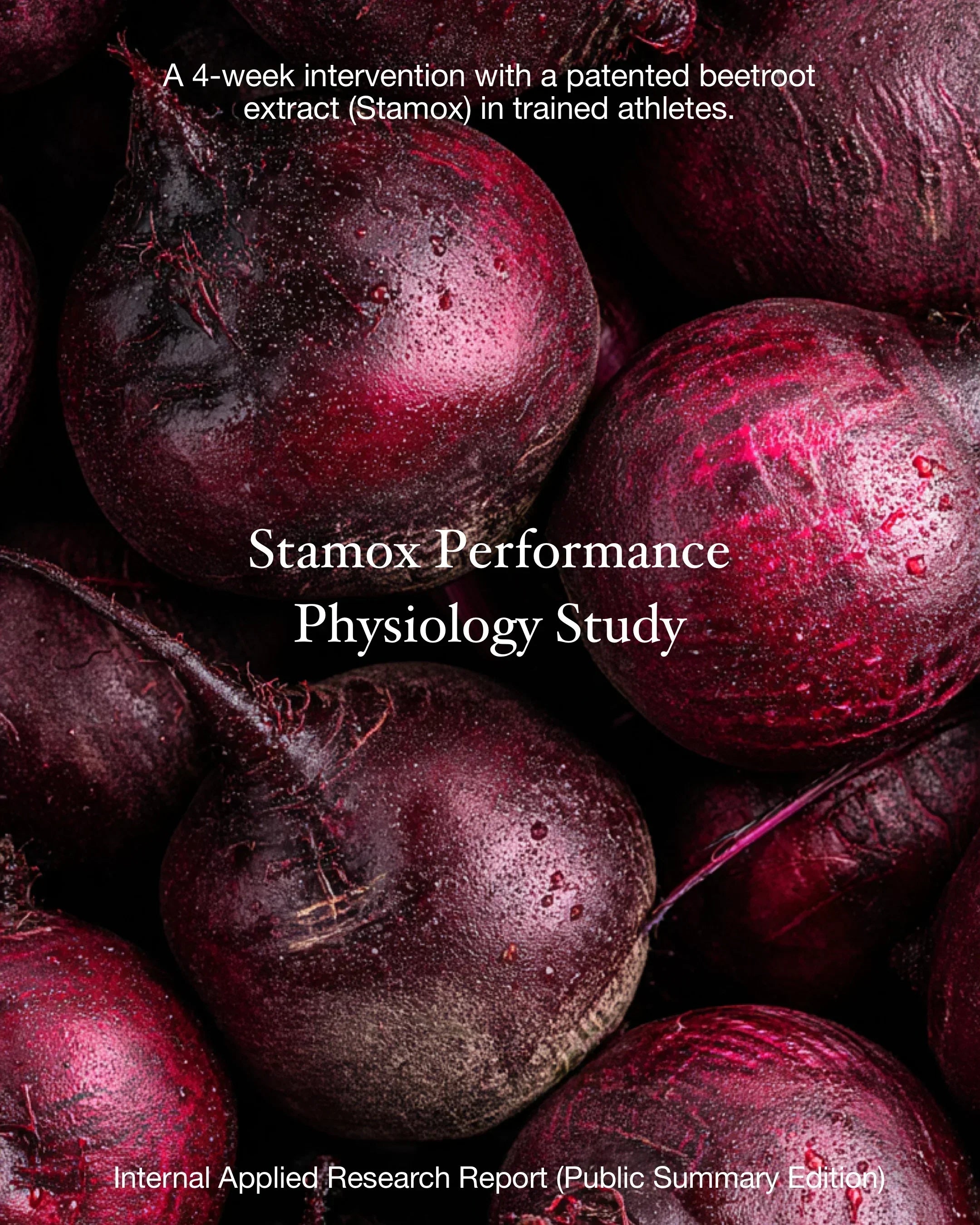 Fresh beets close-up with Stamox beetroot powder study text, highlighting endurance benefits.