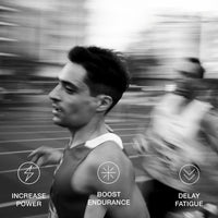 Runner on track with icons for increase power, boost endurance, delay fatigue, stamox beetroot powder