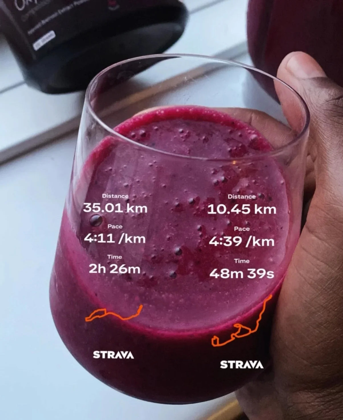 Stamox beetroot sport nutrition for vo2 max, shown as a drink with Strava running stats overlays.