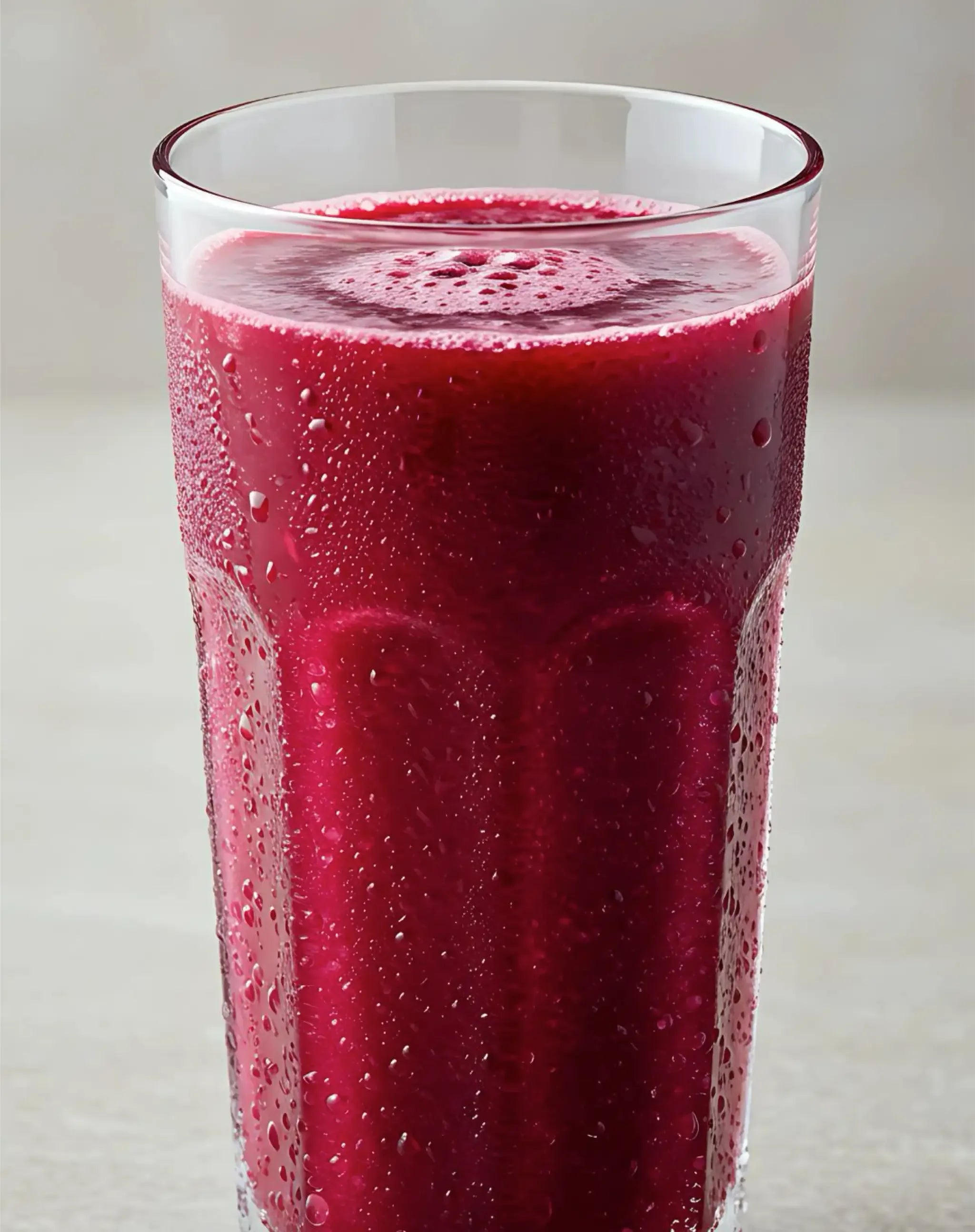 Stamox beetroot powder drink in a chilled glass, vibrant red with condensation, for endurance and recovery.