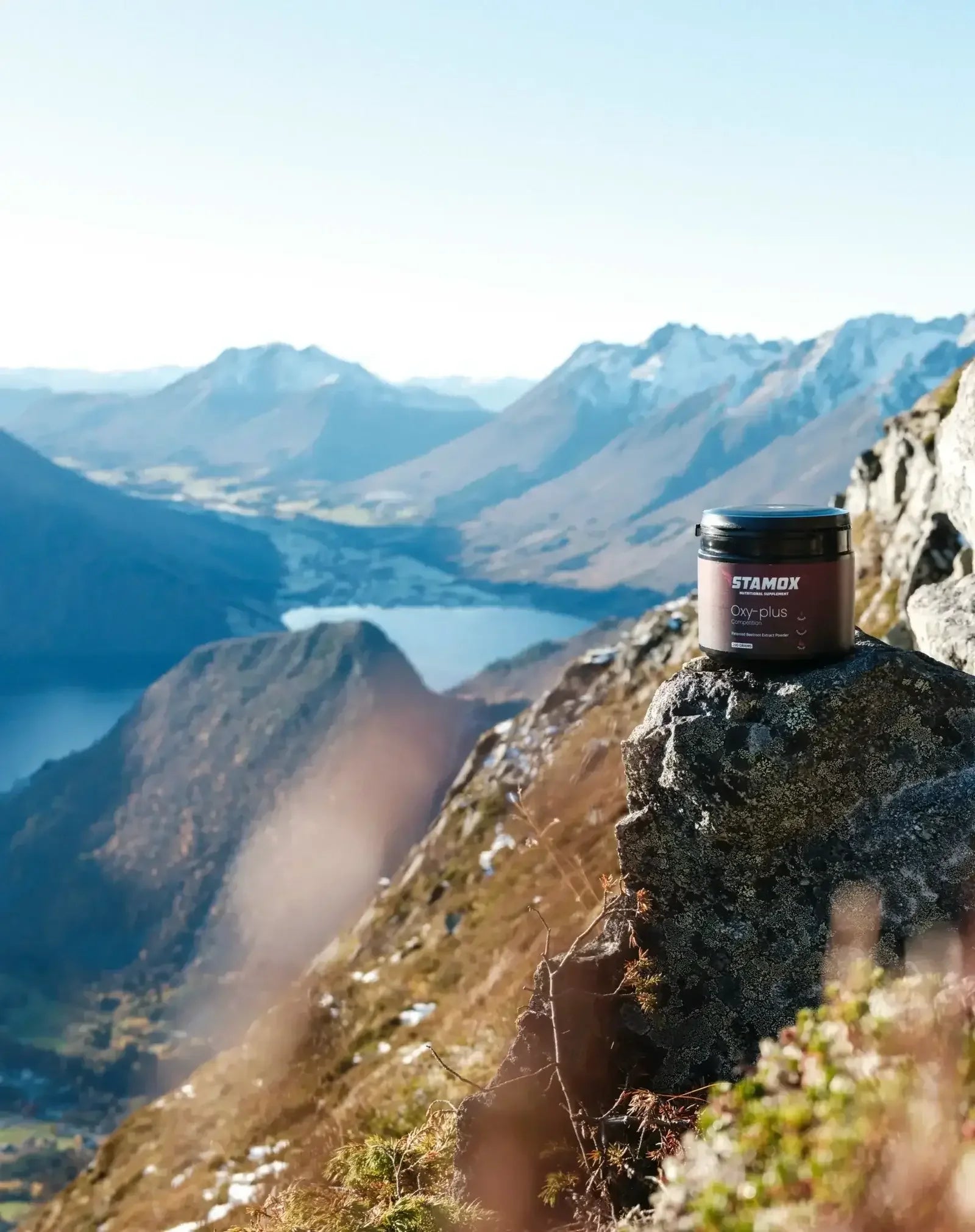 Stamox beetroot powder on mountain rock with scenic view, natural endurance supplement
