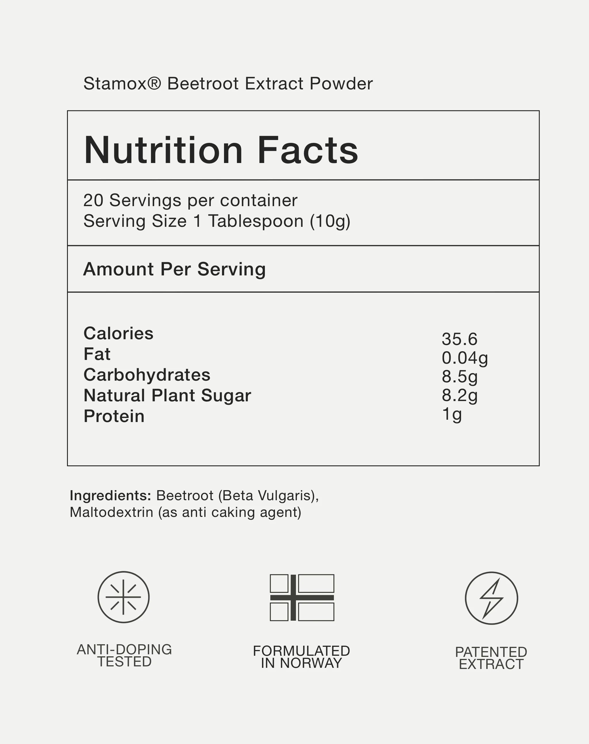 Stamox beetroot powder nutrition facts label showing calories, carbs, protein per serving, anti-doping tested, Norway formulated