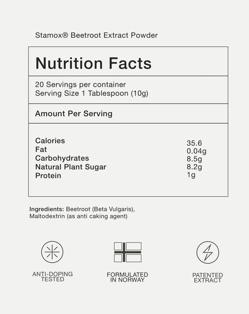 Stamox beetroot powder nutrition facts label showing calories, carbs, protein per serving, anti-doping tested, Norway formulated
