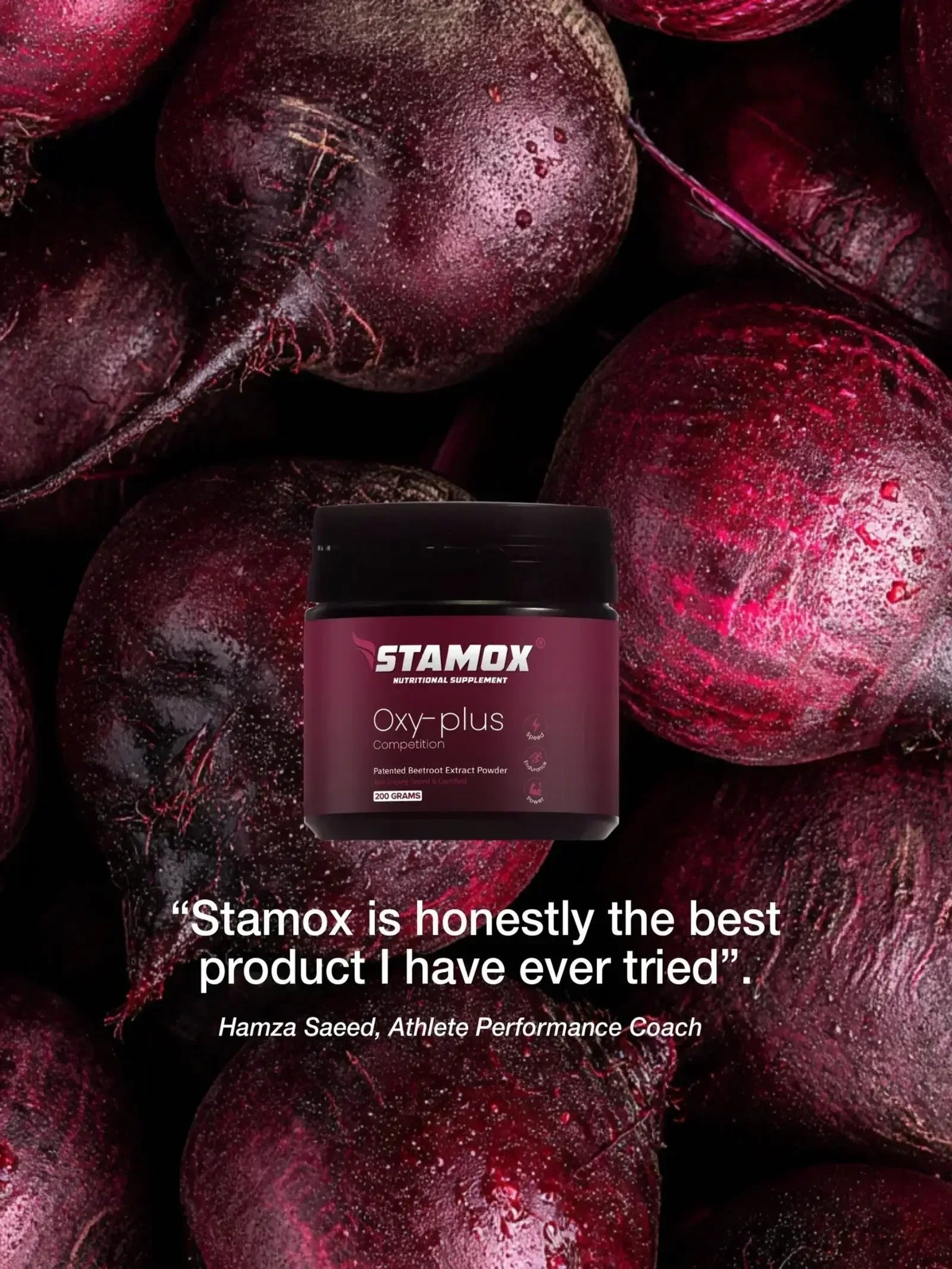Stamox beetroot powder container with fresh beets background, athletic supplement