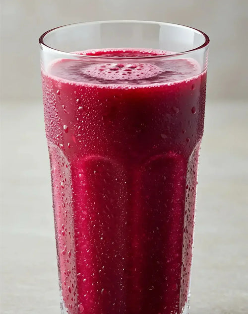 Glass of cold beetroot juice made with stamox beetroot powder on a light background