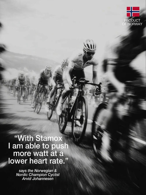 Cyclists racing in black and white with quote about stamox beetroot powder enhancing endurance