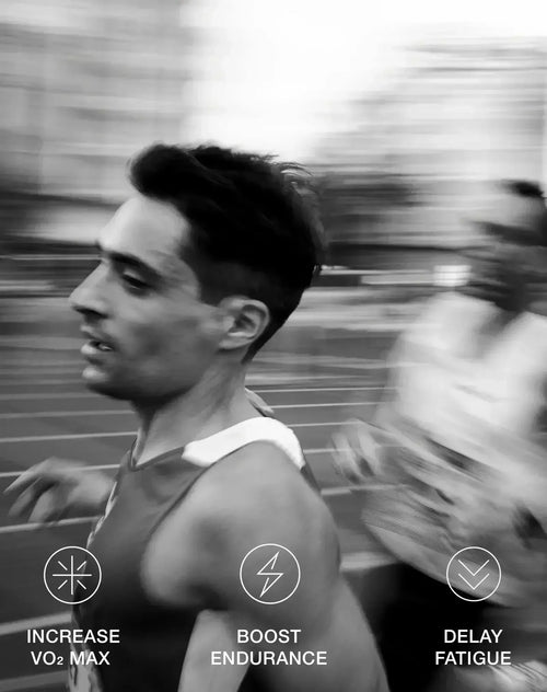 Male runner sprinting outdoors with stamox beetroot powder benefits: boost endurance, increase VO2 max, delay fatigue.