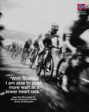 Cyclists racing in black and white with quote about Stamox beetroot powder boosting endurance.