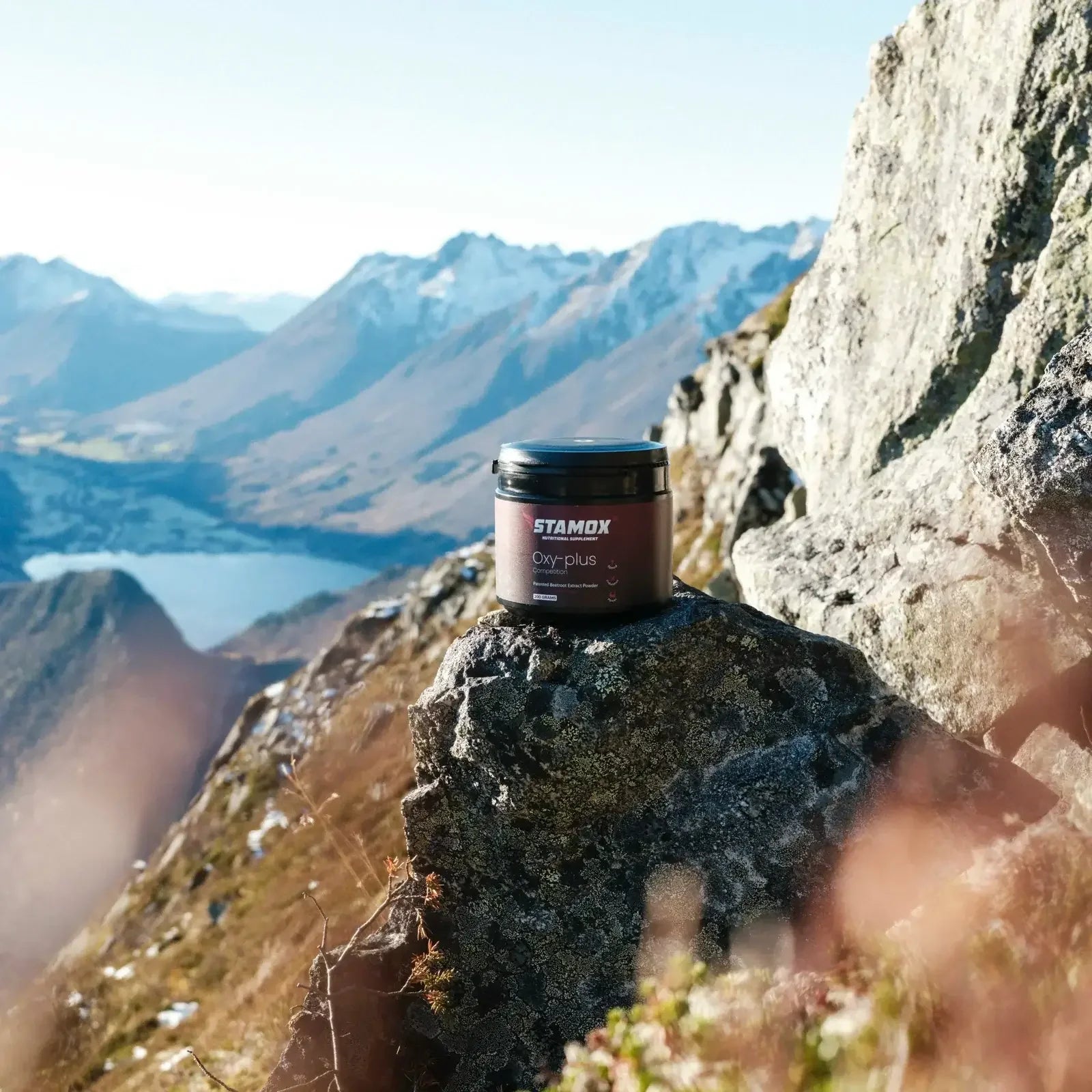 Stamox beetroot powder container on mountain rock with scenic snowy peaks background