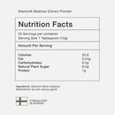 Stamox beetroot powder nutrition facts showing calories 35.6, fat 0.04g, carbs 8.5g, natural plant sugar 8.2g, protein 1g