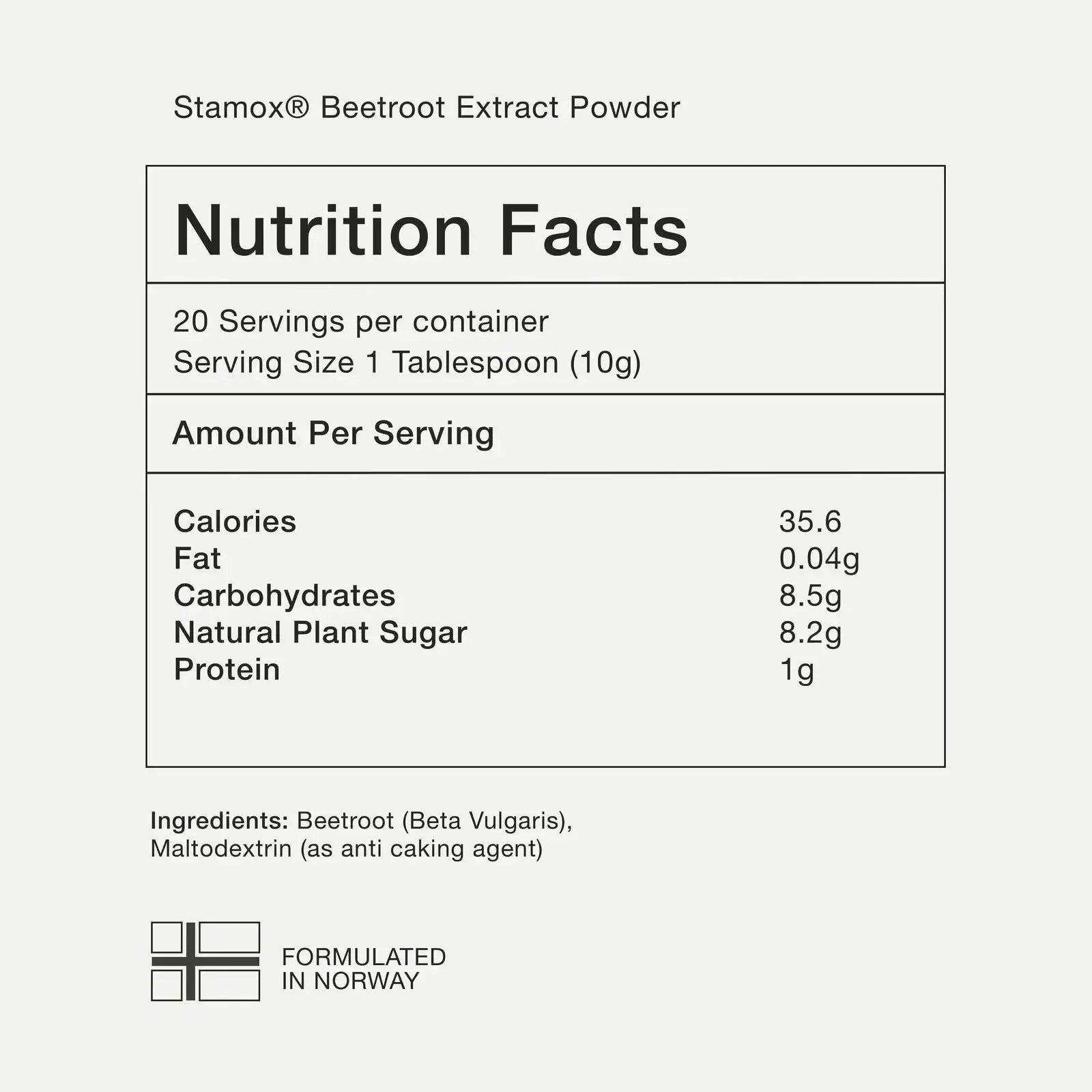Stamox beetroot powder nutrition facts label showing calories, ingredients, and serving size.