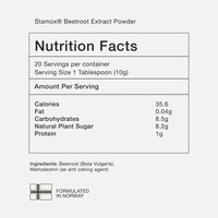 Stamox beetroot powder nutrition facts label showing calories, ingredients, and serving size.