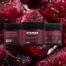 Stamox beetroot powder Oxy-plus nutrition supplement tubs on vivid beetroot background
