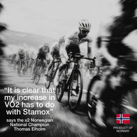 Cyclists racing on road with text promoting stamox beetroot powder and Norwegian origin.