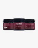 Stamox beetroot powder supplement jars showing front, back, and side labels for Oxy-plus Competition, 200 grams, anti-doping tested