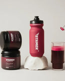 Stamox Oxy-plus beetroot powder with sports bottle and vibrant drink for endurance and recovery