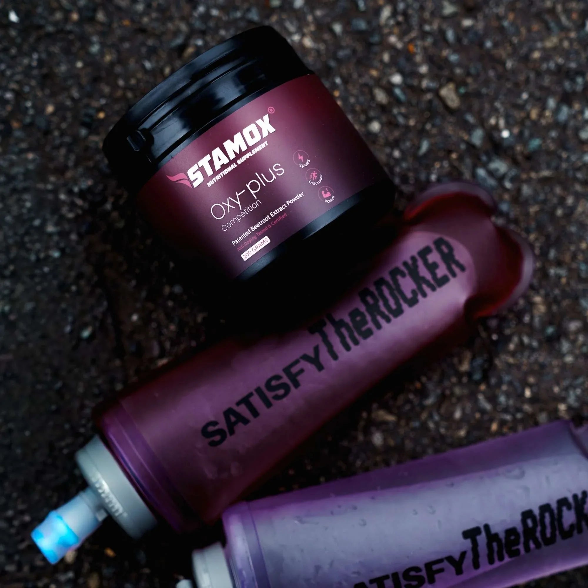 Stamox beetroot sport nutrition Oxy-plus powder and shaker bottles for VO2 max boost.