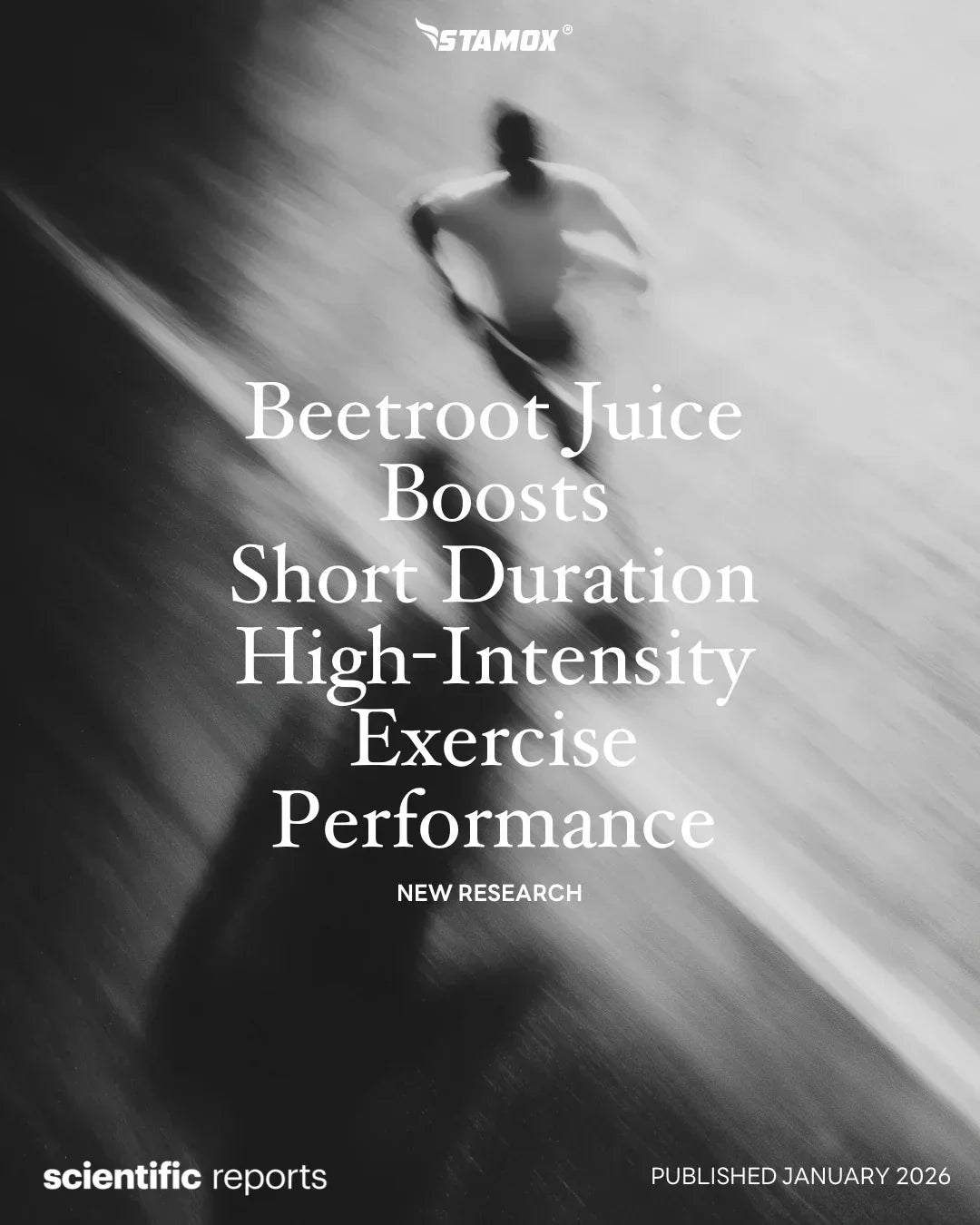 Runner in motion with Stamox Beetroot Powder text about improving high-intensity exercise.