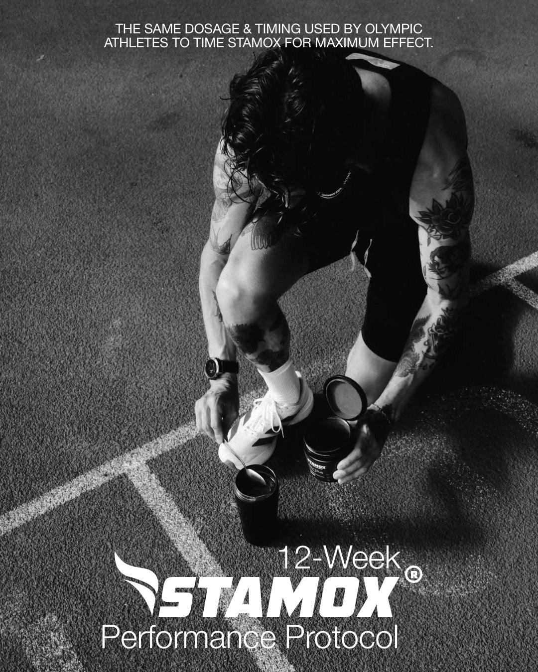 Athlete preparing Stamox beetroot powder on track, Olympic dosage for peak performance & recovery