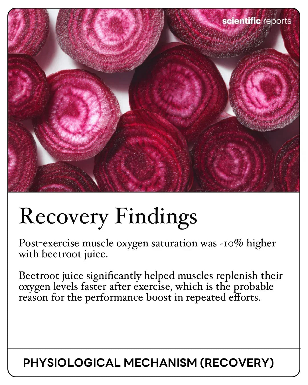 Sliced beets with recovery findings text, promoting stamox beetroot powder benefits