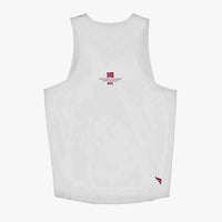 White tank top with branding on a white background Stamox Beetroot Powder running tank top man