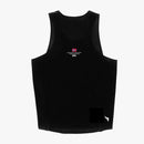 Black athletic tank top with brand logos on a white background